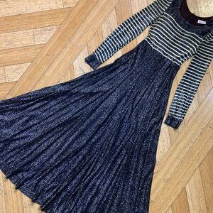 Vtg 70s Silver Black Disco Knit Stripe Party Evening Maxi Dress Holiday NYE S M